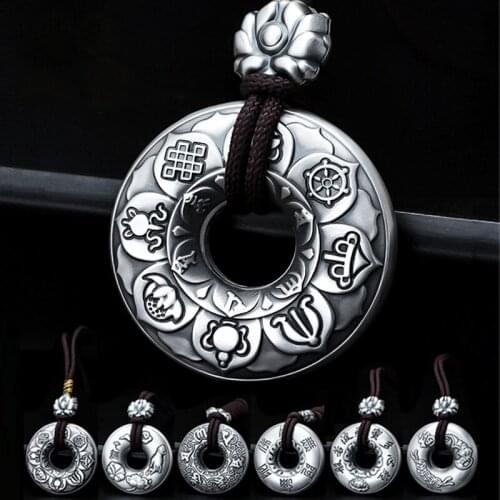 S999 Silver Tibetan Pendant the Buddhist Eight Auspicious Symbols Pendant Tibetan Lucky Symbols Pendant Good Luck Amulet Jewelry
