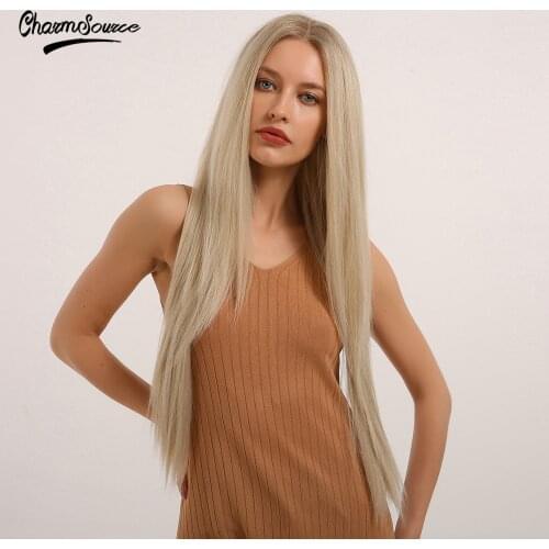 CharmSource Long Straight Lace Part Synthetic Wigs Ombre White Grey for Women Daily Party Use Hair Heat Resistant