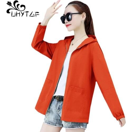 UHYTGF Fashion women summer tops coat solid color wild outdoor thin sun protection clothing breathable 6XL plus size jacket 1635