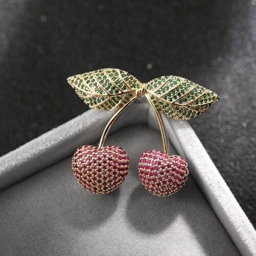 Gorgeous Red Green Zircon Cherry Brooches for Women Fruit Cherries Rhinestone Pin Brooch Luxury Jewelry broche femme bijoux