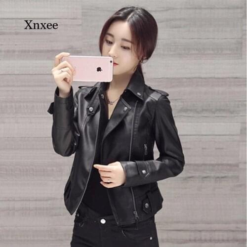 2019 Autumn Women Black Slim Cool Lady PU Leather Jackets Sweet Female Zipper Faux Femme Outwear Coat Plus Size