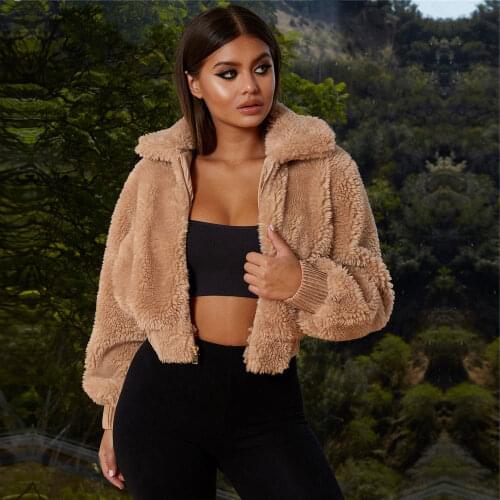 Fur Jacket Coat Teddy Fleece Autumn Winter Warm Soft Thick Long Sleeve Women Zip-Up Outwear Elegant Zipper Pocket Cropped Coat