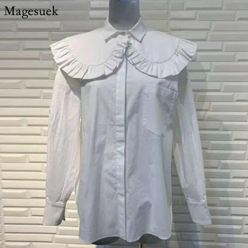 Autumn Vintage Cotton Shirt Women Clothing Loose Long Sleeve Woman Blouses Ruffles Turn-down Collar White Shirts Tops Lady 16132