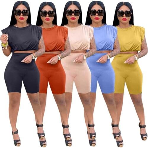 Women Fashion Solid Two Piece Tracksuits Padded Shoulder Sleeveless T Shirt And Skinny Biker Shorts Summer Casual Loungewear
