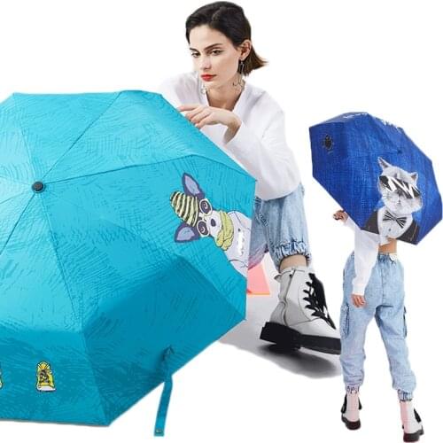 Cute Cat dog Women Umbrella Creative Cartoon Girl Automatic Umbrella Rain Women Three-Folding Travel Pocket Parasol