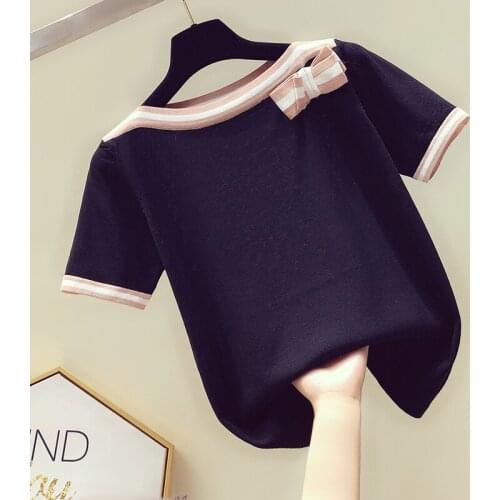 Summer Fashion The New Lazy wind Short sleeve sweater bottoming shirt womens Bow Solid color thin pullover