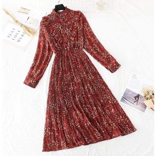 Women chiffon pleated dress 2020 spring summer female vintage long sleeve Floral print dresses casual office lady midi dress