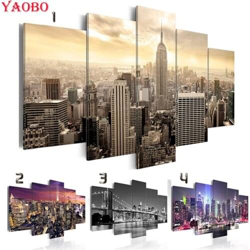 2019 Fashion Wall Art 5d diy diamond painting City building night view full square/round drill mosaic kits embroidery 5pcs/set