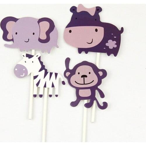 Cake Flags Cupcake Topper Toppers 4pcs/set Happy Birthday Rhino elephant Zebra monkey Cartoon Cake Wrapper Party Decor For Kids