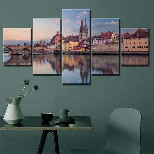 Hd Home Decoration Canvas Reflection Painting City View Pictures Wall Art Prints Modular Modern Frame Poster For Boy Room 5 Set