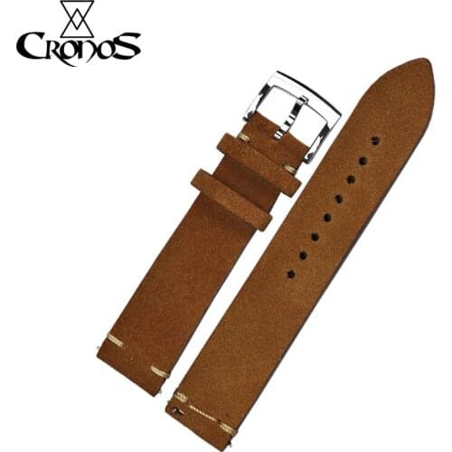 Cronos Watch Parts Genuine Leather Strap for Watch Flat Ends 20mm Stainless Steel Bronze Tongue Buckle Quick Release Spring Bars
