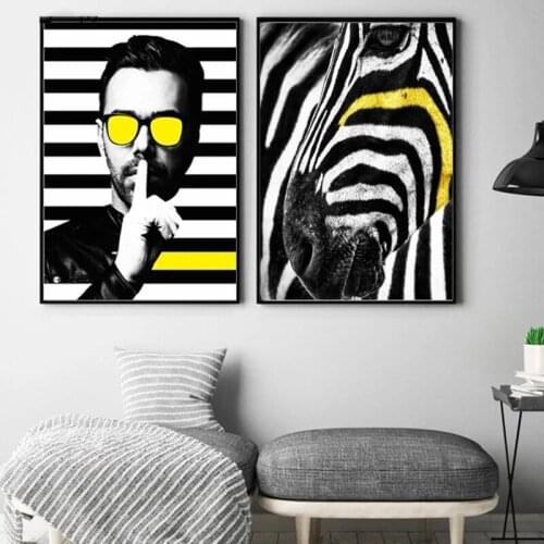 HAOCHU Black White Stripe Trendy Man Yellow Glasses Wall Decor Painting Canvas Art Print Poster Wall Pictures For Living Room