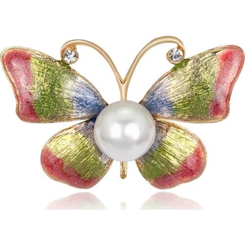 HOSENG Green Red Butterfly Brooch With Big Pearl Elegant Pins Fashion Wedding Jewelry HS_467