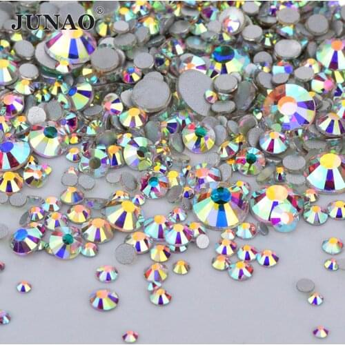 JUNAO 1400pc Mix Size Shiny AB Crystals Glass Nail Rhinestone Flatback Stone Decoration Nail Sticker Non Hot Fix Strass Ongle