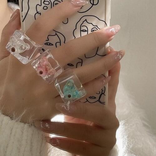 New Transparent Adorable Cartoon Bear Chunky Clear Resin Acrylic Square Rings for Women Girls Jewelry Party Gifts Accessory