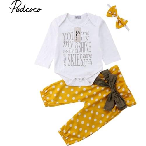 3pcs Newborn Baby Romper Set Infant Baby Girl Tops Letter Jumpsuit Girl Dot Bowknot Pants Yellow Headband Outfits Clothes