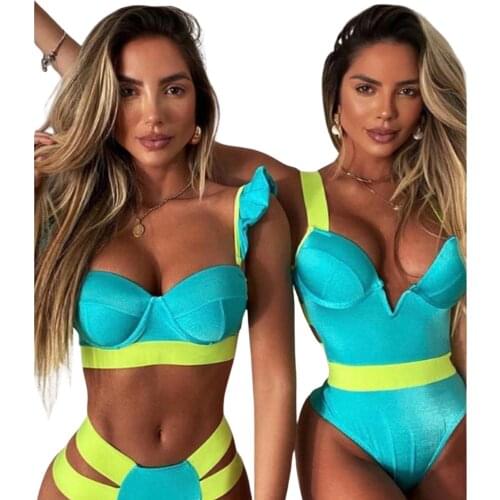Sexy Patchwork Two Piece Swimwear Womens V-neck Crop Tank Tops with Hollowed Side High Waist Triangle Bottoms Bathing Suit