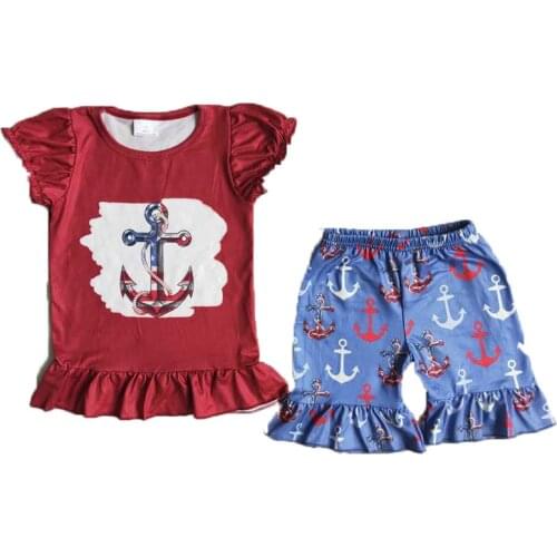 Summer Boutique Baby Girls Clothes Set Red Sleeve Outfit Tunic Top Blue Ship spear Short Pantes Kids Outfits