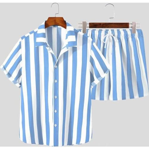 New Mens Hawaiian Striped Lapel Shirt Set Summer Casual Daily Floral Beach Print Short Sleeve Shorts Set 2-piece Mens Set
