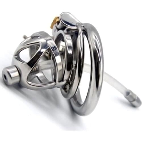 Male Chastity Device Creative Hollow Stainless Steel Male Chastity Cage with Anti-Detachment Ring Silicone Catheters G7-1-252F