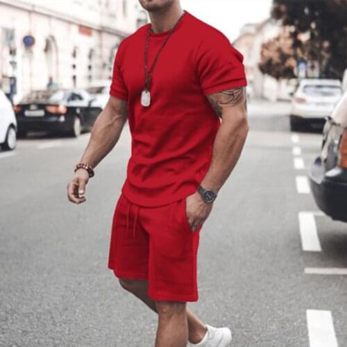 2021 Mens Sets Casual Cotton Fabric Short-Sleeve Tee + Shorts 2-Piece Suit Summer Pure Color Male Fashion Sportswear Slim Tops