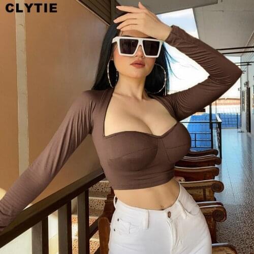 Clytie New Spring V Collar Sexy T Shirt For Women Long Sleeve Skinny Ladies Streetwear Female 2021 Night Club Top