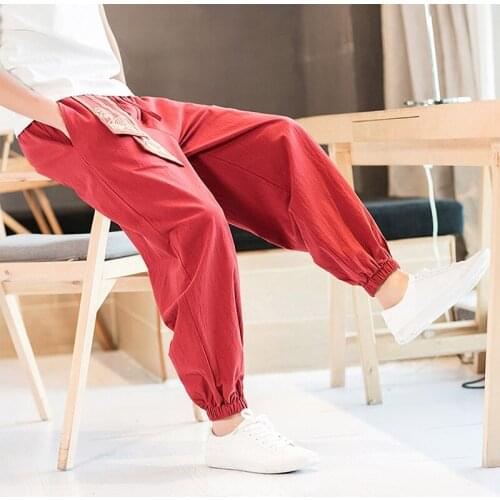 New Chinese Style Male Embroidery Harem pants Summer Loose Men Pants Wide Legs Stripe Print Calf Length Button Decor Baggy Hare