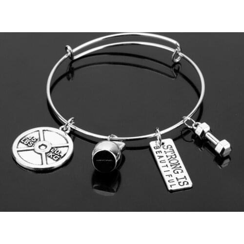 Dongsheng CrossFit Weight Lifting Fitness Dumbell Charm Bracelet Strong is Beautiful Never Give Up Gym I Can Jewelry Gift