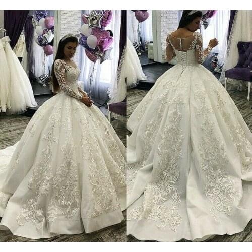 Luxury Princess Wedding Dress 2021 Lace Appliques Lace Up Ball Gown Illusion Bridal Customized Vestido de Mariage New