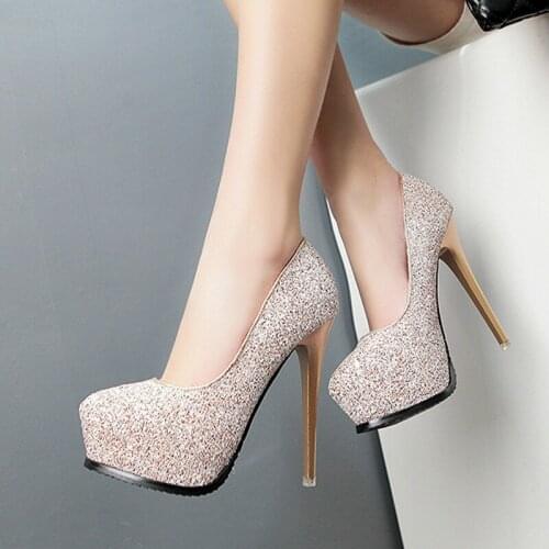 Women pumps PU Sequined Cloth Slip On 12CM Thin Heels High heels Round Toe Rhinestones waterproof Shallow women shoes size 35-42