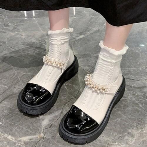 Rimocy Pearl Strap Mary Janes Women Patent Leather Mix Color Platform Lolita Shoes Woman Thick Bottom Student Uniform Shoes