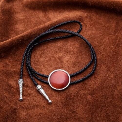 Vintage Western Cowboy Mens BOLO Tie Slide Clip Small Round Ruby PU Leather Rope