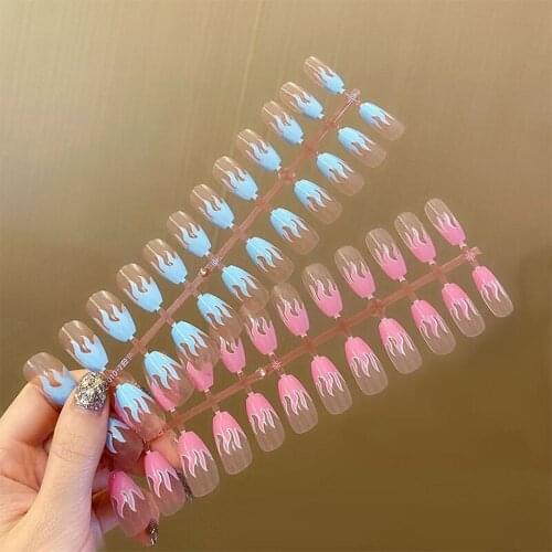 24PCS/Set DIY Flame False Nail Tips Blue/Pink Ballerina Coffin Full Cover Acrylic Material Fake Nails Women Nail Beauty Tools