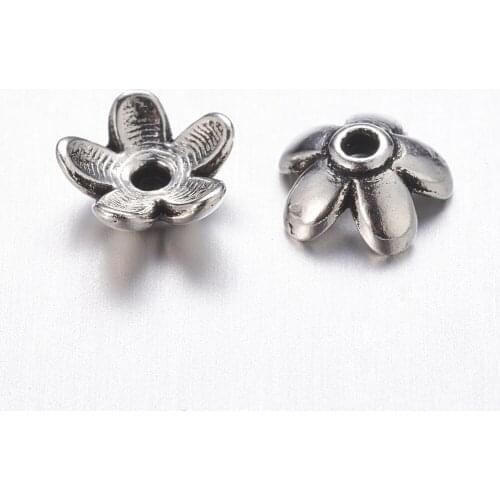 Tibetan Style Zinc Alloy Bead Caps, Lead Free,Cadmium Free and Nickel Free, Flower, Antique Silver Color, 6.5x3mm, Hole: 1mm