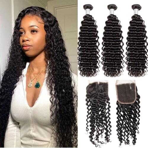 Alibele Human Hair 3/4 Bundles With Closure Brazilian Deep Curly Hair Weave Bundles With Closure Remy Hair Extensions 4x4Closure