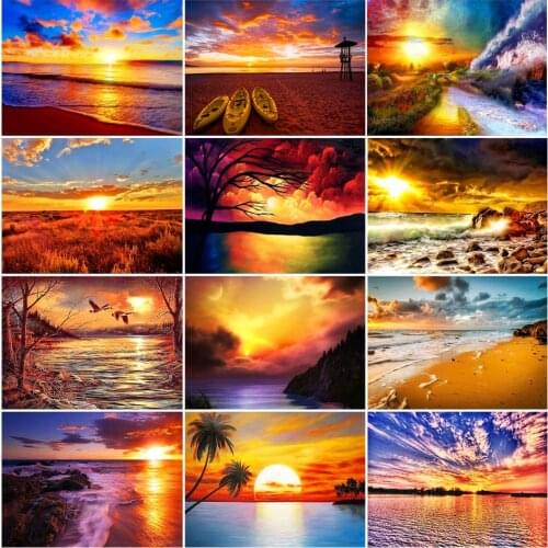 5D DIY diamond painting "Sunset by the sea", landscape suit, cross stitch kit, diamond embroidery mosaic picture, home decoratio