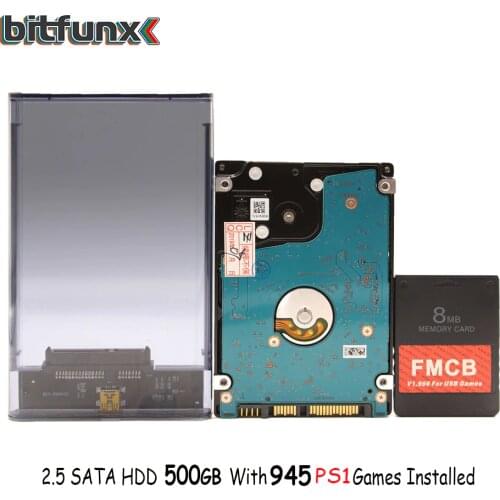 Bitfunx FMCB Card 8MB/16MB/32MB/64MB for USB Games+2.5'' 500GB SATA HDD for PS1 with 945 Games+Transparent Black SATA HDD Case