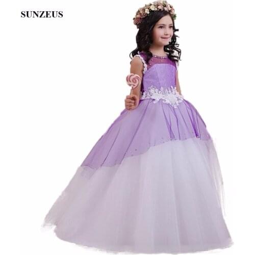 Cute Purple White Flower Girl Dress With Beads Appliques Ball Gown Tank Kids Wedding Party Dress vestido longo FLG072