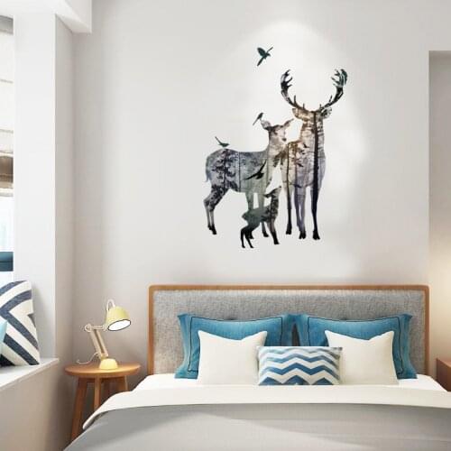 Lovely Elk Family Silhouette Wall Sticker Living Room Bedroom Hallway Background Decor Wallpaper Poster Forest Flying Birds Art
