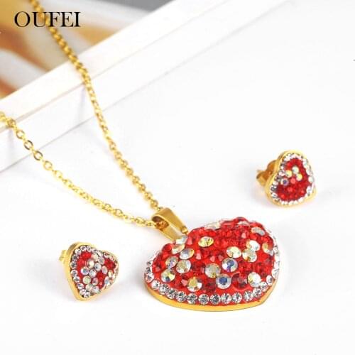 OUFEI Red Heart Necklace Earrings Set Stainless Steel Jewelry Woman Vogue 2019 Jewelry Sets Accessories Bohemian