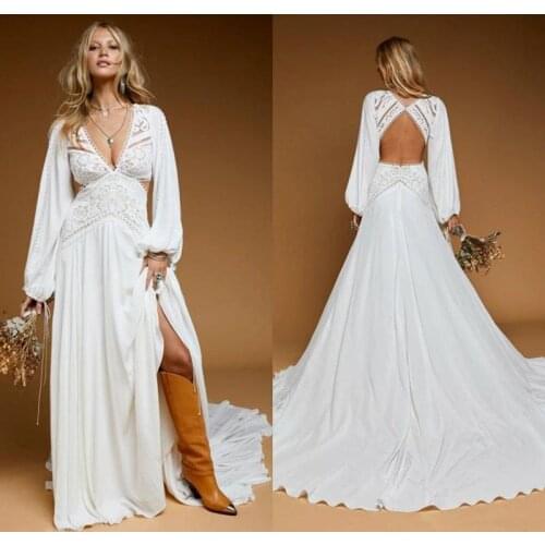 Bohemian A Line Wedding Dress 2021 Rustic Country Sexy Deep V Neck Long Sleeves Sweep Train Beach Bridal Gowns Lace Backless