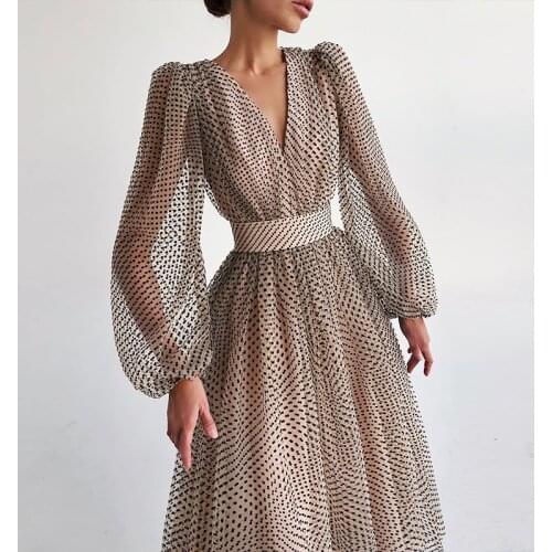 Sashes Transparent Sexy Polka Dot Dress Chiffon Women Deep V Neck Vintage Mesh Organza Elegant Summer Female Casual Long Clothes