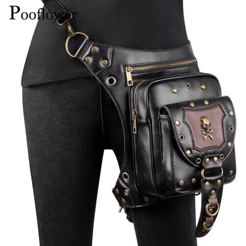 Pooflower Outdoor Multifunction Belt Packs PU Leather Punk Women Men Waist Bag Rivet Corssbody Shoulder Bag Funny Backpack ZH079