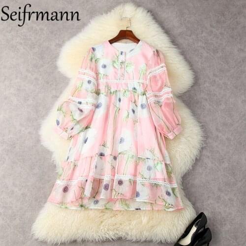 Seifrmann New 2021 Summer Women Fashion Designer Party Mini Dress Lantern Sleeve Hollow Out High Waist Printed Chiffon Dresses