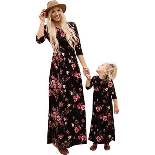 Family Matching Cloth Print Mother Daughter Dress Long Sleeve Floral Long Dress Mother Daughter Clothes Mom And Daughter Dress