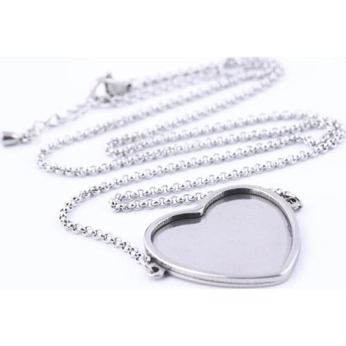 5pcs Stainless Steel Heart Cabochon Settings 25mm Dia Pendant Base Blanks Diy 55cm Long Chain Necklace Bezel Trays