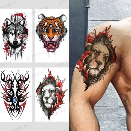 Wolf Animal Tattoo Sticker Temporary Men Women Angel Body Art Arm Fake Tatoo Sleeves Hummingbird Realistic Tiger Lion Stickers