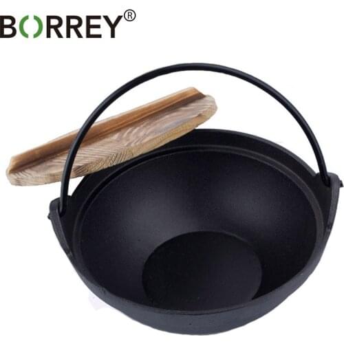 BORREY Japanese Cast Iron Pot Outdoor Camping Hanging Stove Pot With Wood Cover Cooking Picnic Campfire Pot Sukiyaki Stew Pot
