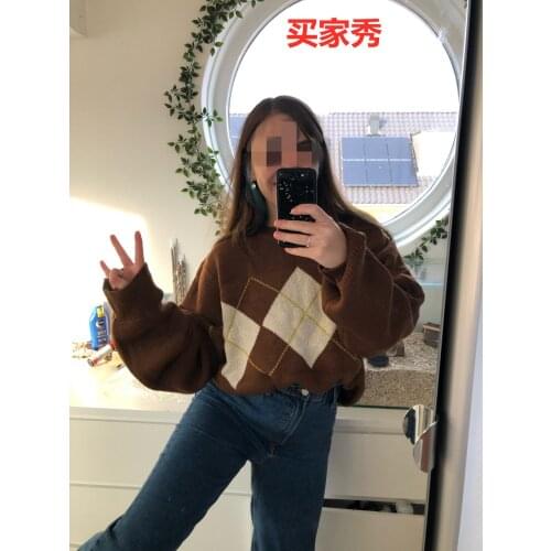 Women Crew Neck Oversized Sweaters Casual Long Sleeve Argyle Print Knit Pullovers