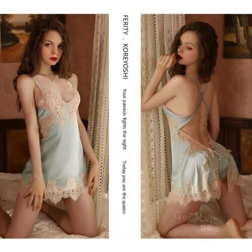 Women Sexy Lace Lingerie Satin Robe Chemise V-neck Nightgown Slips Backless Sleepwear Silk Nightwear Night Dress Exotic Homewear